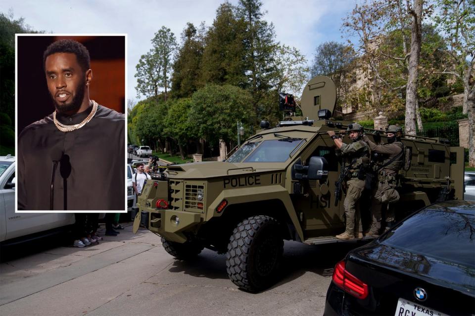 Law enforcement rides a vehicle near a property belonging to Sean “Diddy” Combs on Monday, 25 March, 2024. (AP/Getty)