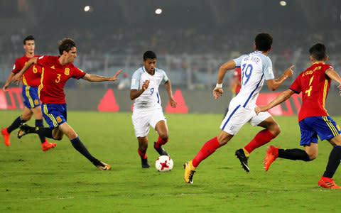 Rhian Brewster (centre) in action against Spain - Credit: EPA