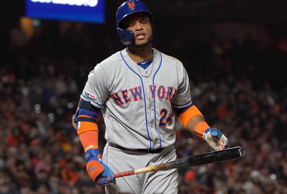 SAN FRANCISCO, CA - JULY 19:  Robinson Cano #24 of the New York Mets reacts after striking out against the San Francisco Giants in the top of the ninth inning at Oracle Park on July 19, 2019 in San Francisco, California.  (Photo by Thearon W. Henderson/Getty Images)