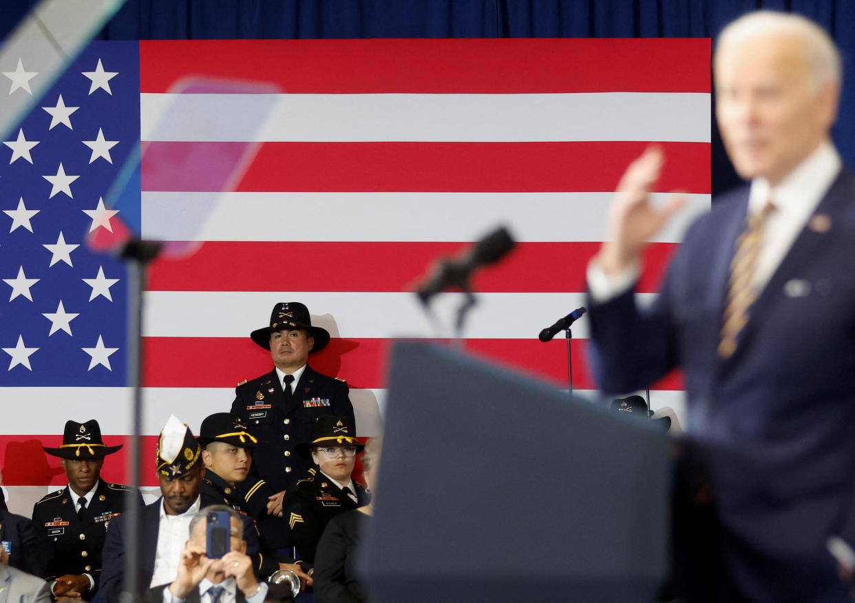 President Biden delivers remarks aimed at addressing health problems suffered by military veterans exposed to potentially toxic environmental situations, in Fort Worth, Texas, March 8, 2022. REUTERS/Jonathan Ernst