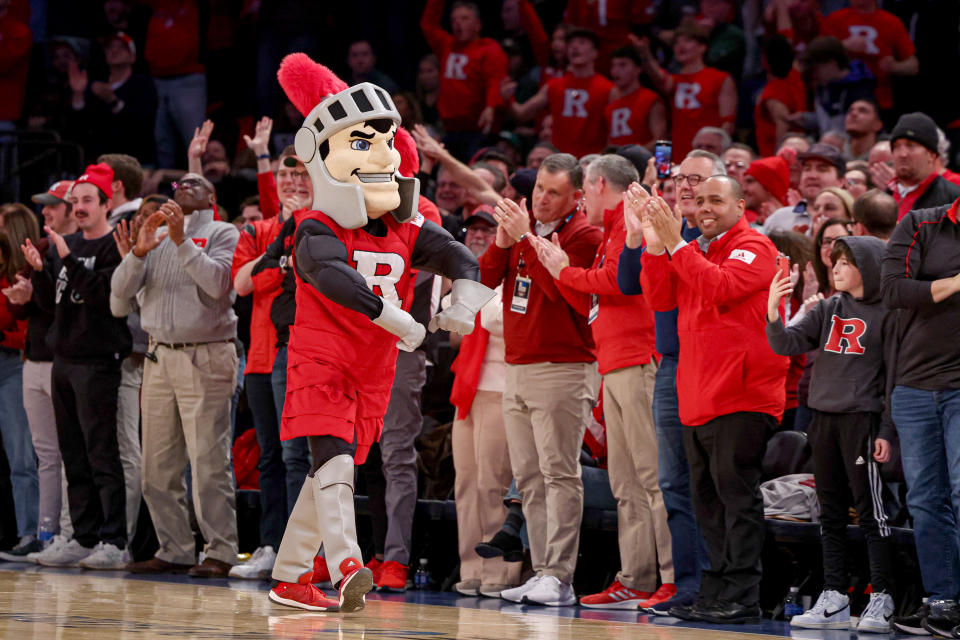 Feb 4, 2023; New York, New York, USA; The Rutgers Scarlet Knights mascot, Sir Henry, celebrates during the second half often game between the Scarlet Knights and the Michigan State Spartans at Madison Square Garden. Mandatory Credit: Vincent Carchietta-USA TODAY Sports