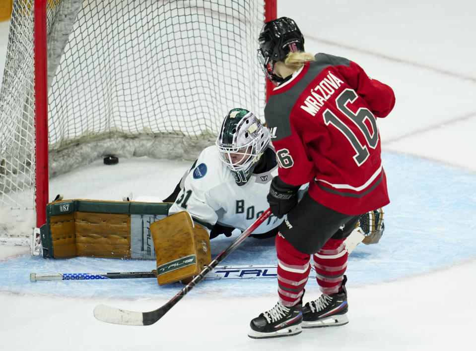Ottawa's Katerina Mrazova (16) scores against Boston Aerin Frankel (31) during the shootout in a PWHL hockey game Wednesday, April 24, 2024, in Ottawa, Ontario. (Sean Kilpatrick/The Canadian Press via AP)