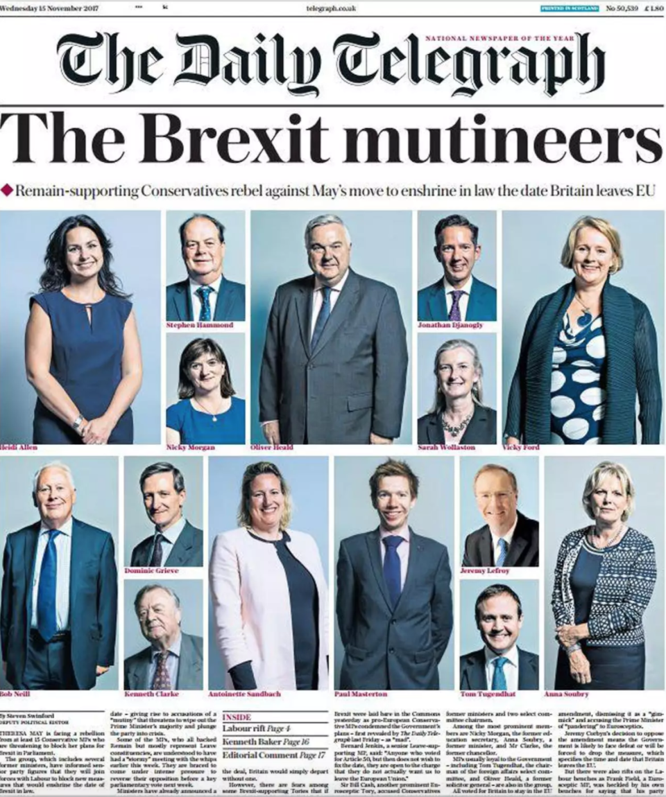 <p>This Daily Telegraph front page from November was widely criticised for demonising Conservative MPs who opposed Theresa May’s plans to set a final date for Brexit.<br>Some compared it to the “enemies of the people” front page run by the Daily Mail in November 2016, and felt it set a dangerous precedent.<br>However, others made fun of the page’s arrangement, comparing it to an old-style introduction for a family sitcom. </p>