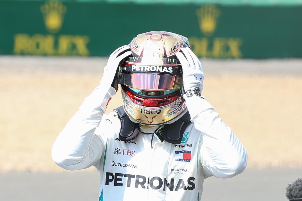 It’s all in the mind: Lewis Hamilton reacts after his storming qualifying lap at Silverstone on Saturday