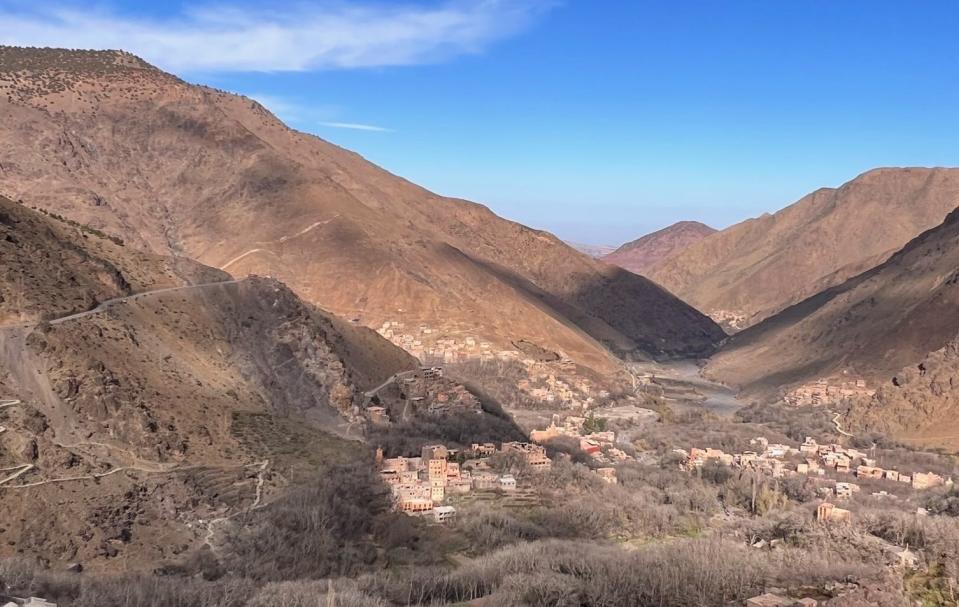 This Bermel photo shows a typical village in the Atlas Mountains, nestled in a steep-sided mountain valley.