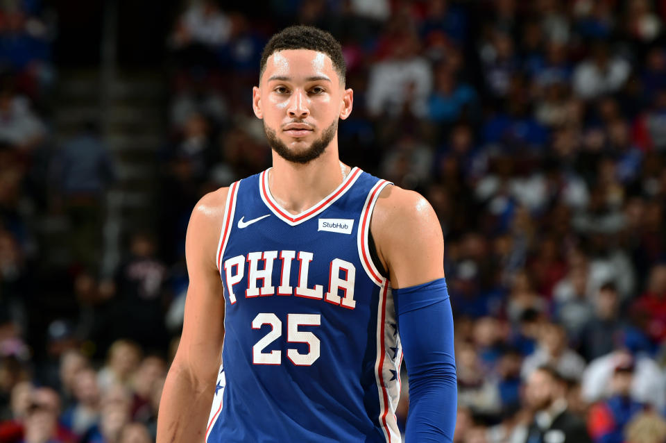 PHILADELPHIA, PA - APRIL 15: Ben Simmons #25 of the Philadelphia 76ers looks on in Game Two of Round One against the Brooklyn Nets during the 2019 NBA Playoffs on April 15, 2019 at the Wells Fargo Center in Philadelphia, Pennsylvania. NOTE TO USER: User expressly acknowledges and agrees that, by downloading and/or using this photograph, user is consenting to the terms and conditions of the Getty Images License Agreement. Mandatory Copyright Notice: Copyright 2019 NBAE (Photo by David Dow/NBAE via Getty Images)