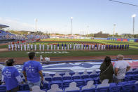 The Los Angeles Angels and Toronto Blue Jays line up for the anthems prior to a baseball game Thursday, April 8, 2021, in Dunedin, Fla. (AP Photo/Mike Carlson)