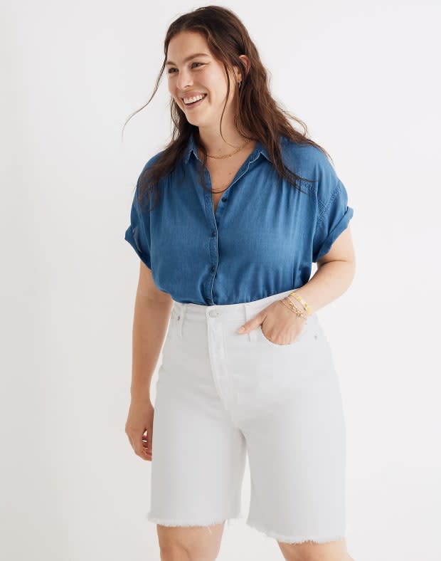 <p>Madewell High-Rise Long Denim Shorts in Tile White, $59 (from $74.50), <a href="https://rstyle.me/+VfoKXQrSBRR2Ep-_hykPRg" rel="nofollow noopener" target="_blank" data-ylk="slk:available here;elm:context_link;itc:0;sec:content-canvas" class="link ">available here</a>. </p>