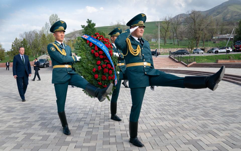 Lord Cameron, the Foreign Secretary, is pictured today during a visit to the Ata Beyit memorial for victims of Russian aggression in Bishkek in Kyrgyzstan during his five day tour of the Central Asia region