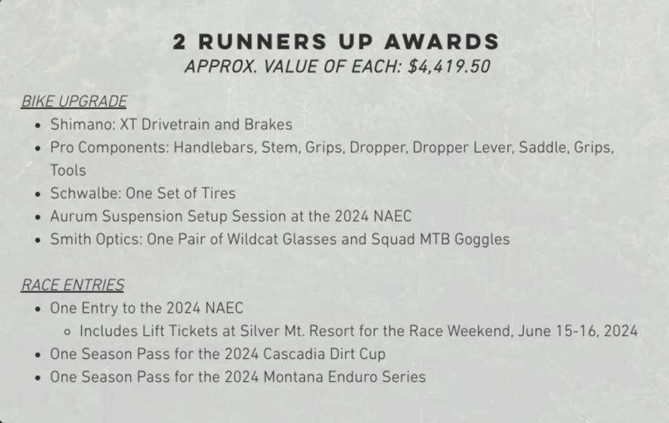 Runner's Up Prizes<p>North American Enduro Cup</p>