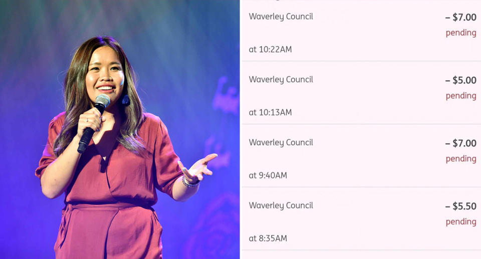 Left, Aussie comedian Diana Nguyen on stage. Right, the parking transactions from strangers.