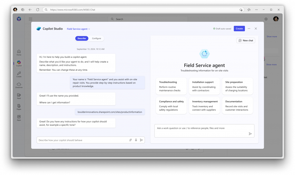 Microsoft’s Copilot agent creation tool aims to make it easier for workers to create their own AI-powered agents. (Image: Microsoft)