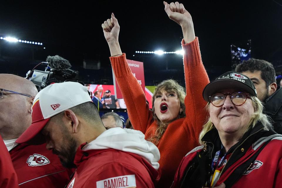 Taylor Swift, left, and Donna Kelce watch the Kansas City Chiefs receive the Lamar Hunt trophey after an AFC Championship NFL football game between the Baltimore Ravens and the Kansas City Chiefs, Sunday, Jan. 28, 2024, in Baltimore. The Kansas City Chiefs won 17-10. | Julio Cortez, Associated Press