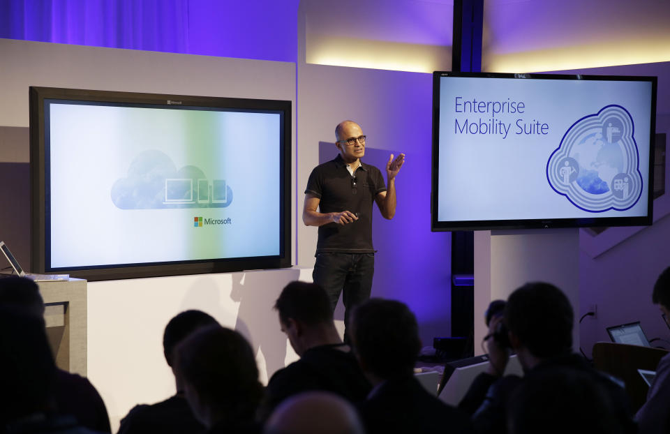 Microsoft CEO Satya Nadella talks about the intersection of cloud and mobile computing during a press briefing Thursday, March 27, 2014, in San Francisco. Microsoft unveiled Office for the iPad, a software suite that includes programs such as Word, Excel and PowerPoint, and works on rival Apple Inc.'s hugely popular tablet computer. (AP Photo/Eric Risberg)