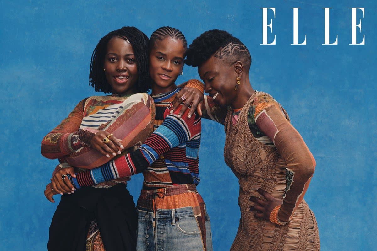 Lupita Nyong’o has posed on the cover of the November issue of Elle UK alongside Black Panther: Wakanda Forever co-stars Letita Wright and Danai Gurira (Shaniqwa Jarvis/ELLE UK)