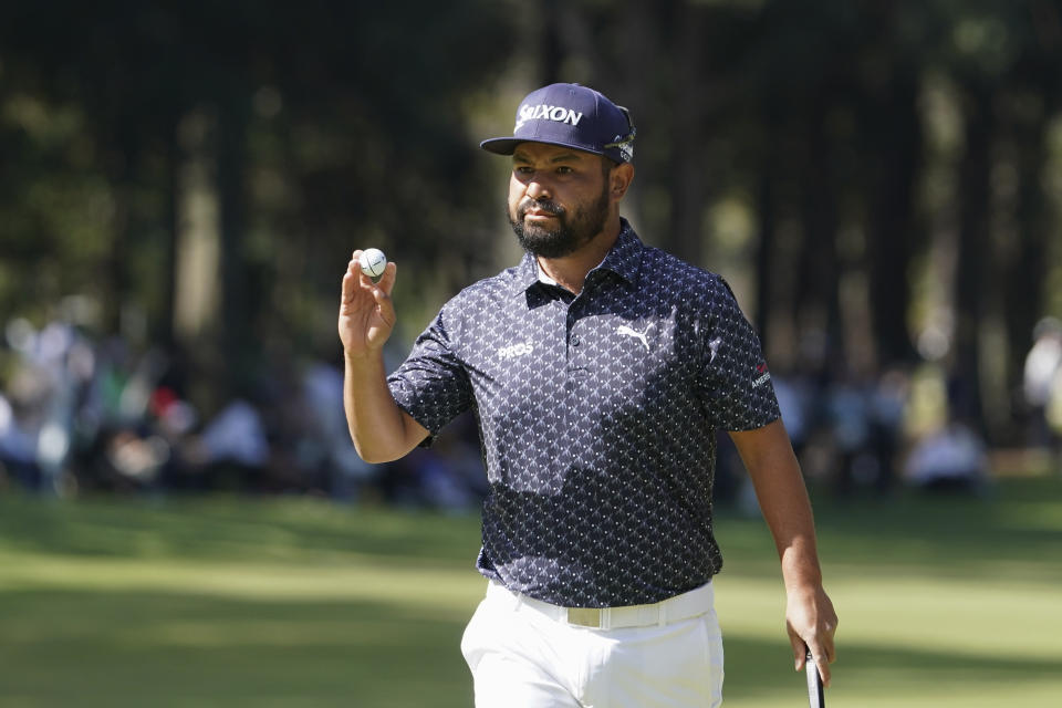 J.J. Spaun of the United States reacts to audience members on the first green in the final round of the PGA Tour Zozo Championship at the Narashino Country Club in Inzai on the outskirts of Tokyo, Sunday, Oct. 22, 2023. (AP Photo/Tomohiro Ohsumi)