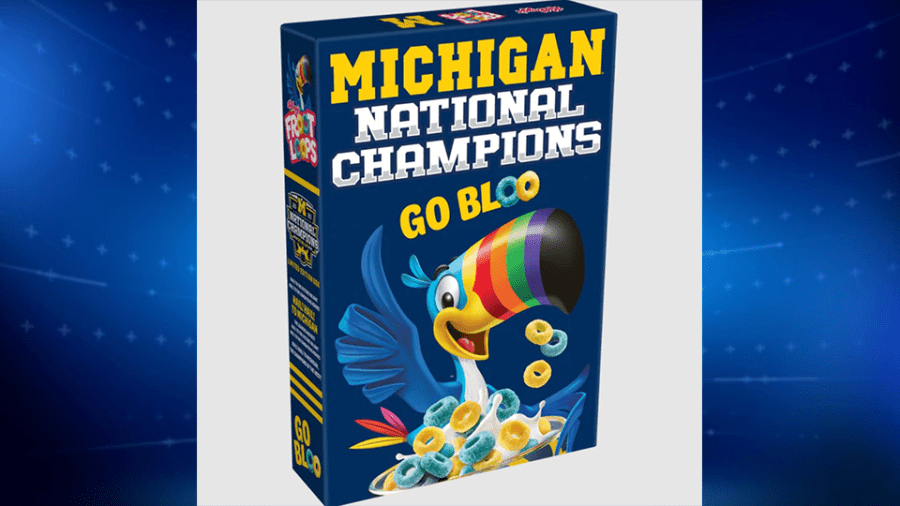 A back view of the box says "Michigan National Champions" in big block letters and "Go Bloo" with "Bloo" spelled with pieces of cereal in the same style as the Froot Loops logo.