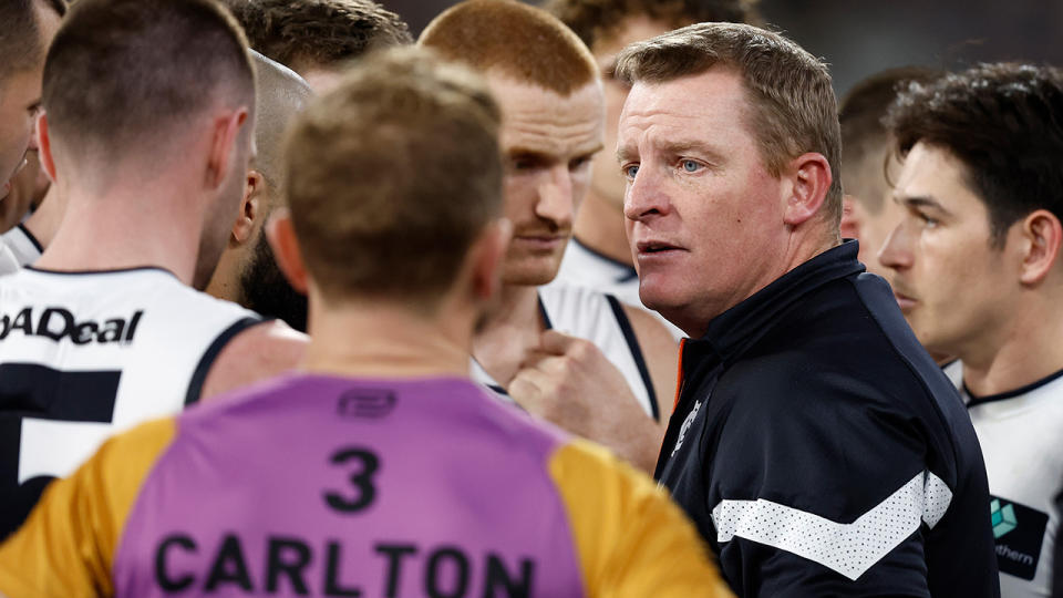 Michael Voss has been assured his job is safe by Carlton preside Luke Sayers, but pressure remains on the Blues coach. (Photo by Michael Willson/AFL Photos via Getty Images)