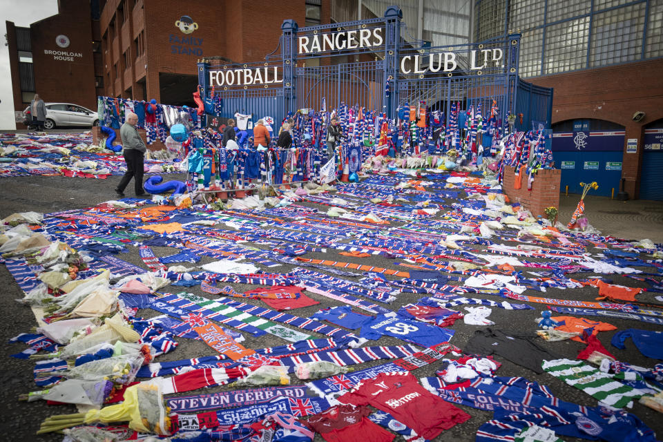 Tributes for former Rangers player Fernando Ricksen outside Ibrox Stadium. (Photo by Jane Barlow/PA Images via Getty Images)