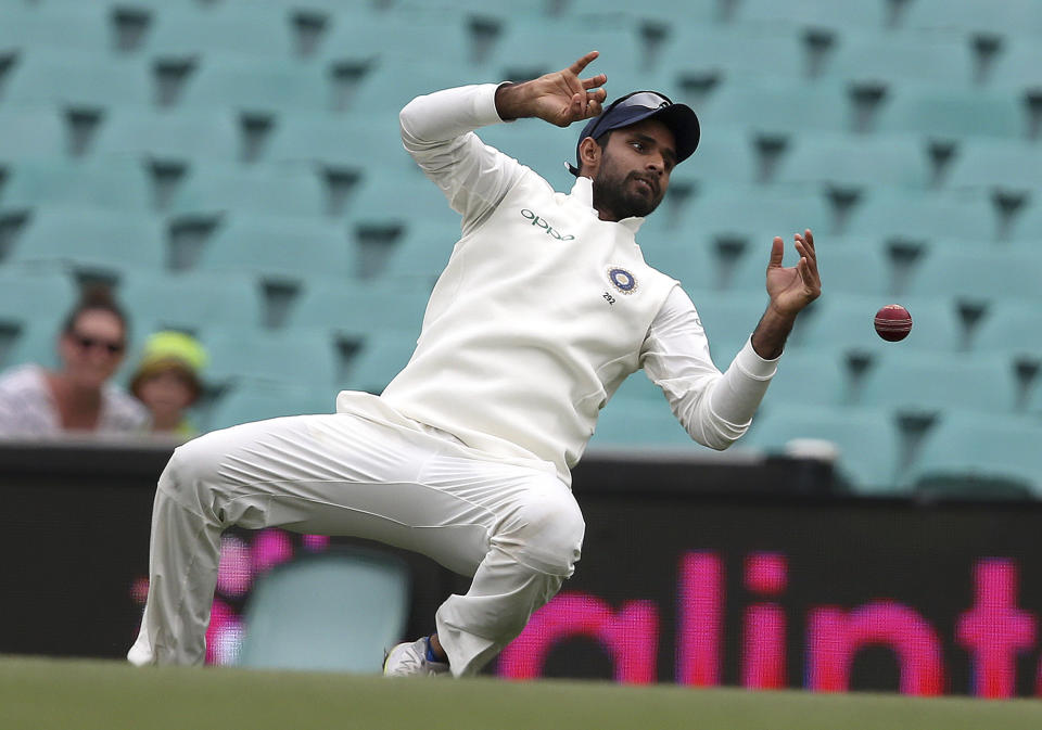 India's Hanuma Vihari drops a catching chance against Australia on day 4 of their cricket test match in Sydney, Sunday, Jan. 6, 2019. (AP Photo/Rick Rycroft)
