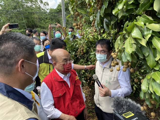 行政院長蘇貞昌（左二）到台南東山區視察龍眼受損情形，看到滿地都是破損、泡爛的龍眼，讓他大嘆「無采」。（張毓翎攝）