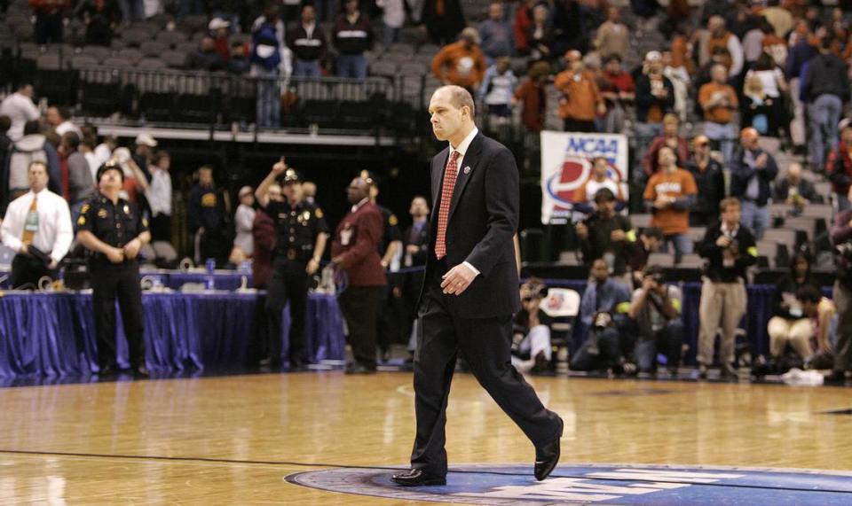 N.C. State coach Herb Sendek walks off the court alone after the Wolfpack’s 75-54 loss to Texas in the second round of the NCAA tournament in Dallas, Texas in March 2006. It would be Sendek’s last game as coach of the Wolfpack.