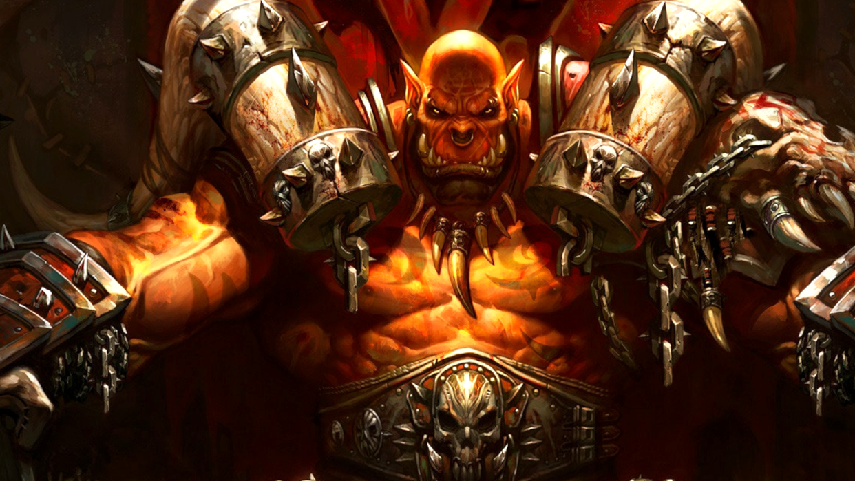  Garrosh Hellscream sits atop his throne in World of Warcraft, looking jacked as all get-out. 