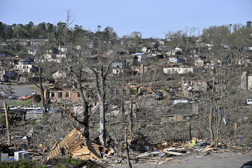 A view of the area after a tornado spanning dozens of miles in length caused severe damage in Little Rock, Arkansas, on April 2, 2023. / Credit: Peter Zay/Anadolu Agency via Getty Images