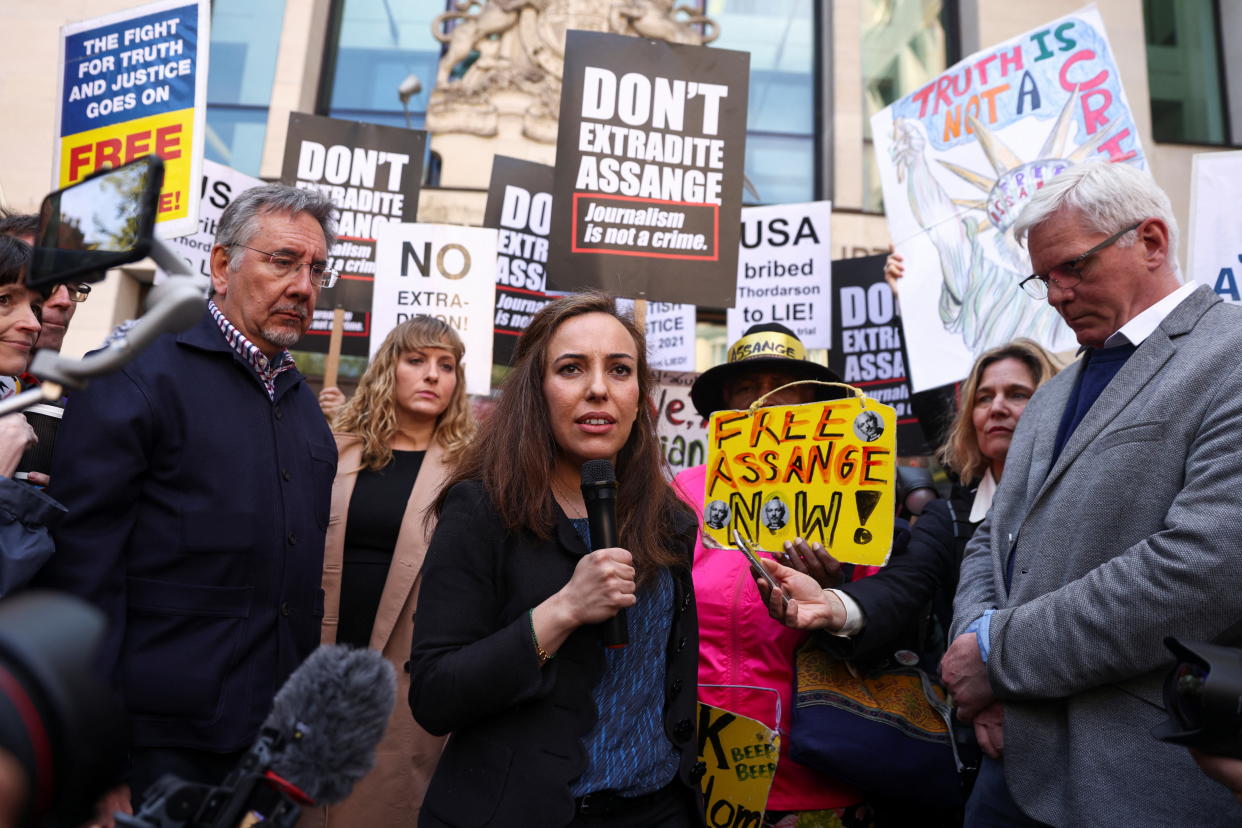 Stella Moris, wife of WikiLeaks founder Julian Assange, speaks during a protest in his support, outside the Westminster Magistrates' Court in London, Britain April 20, 2022. (Reuters)