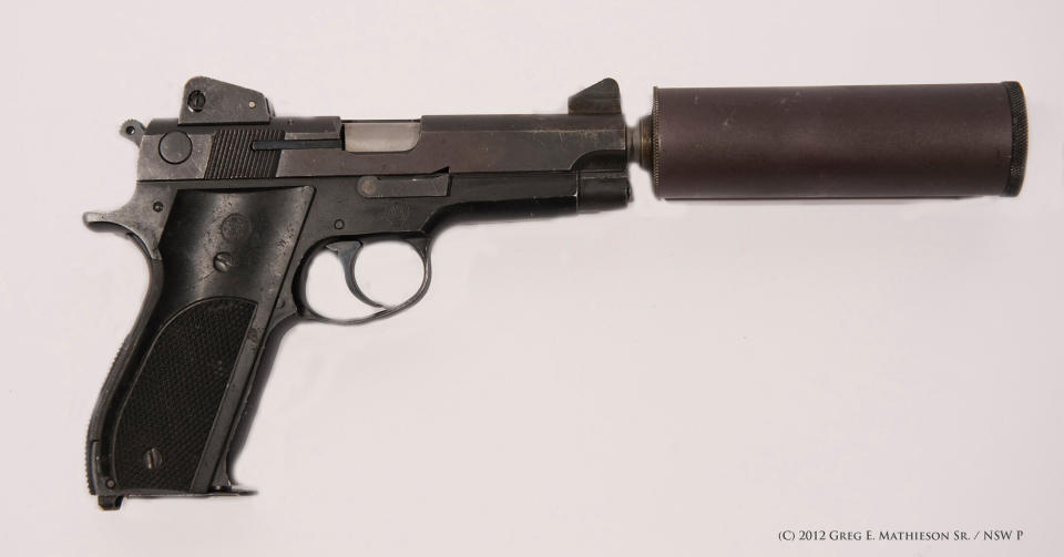 The first Hush Puppy pistol made exclusively for the US Navy SEALs.  The 9 mm pistol with sound suppressor was developed to quietly kill enemy guard dogs during night time operations.  Photo: (C) 2010 Greg E. Mathieson Sr. / NSW Publications, LLC