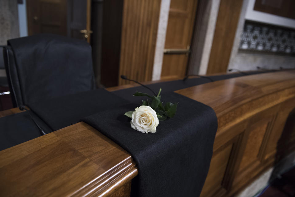<p>A rose is placed to honor the late Sen. John McCain, R-Ariz., during a Senate (Select) Intelligence Committee hearing in Dirksen Building on the influence of foreign operations on social media on Sept. 5, 2018. (Photo: Tom Williams/CQ Roll Call/Getty Images) </p>