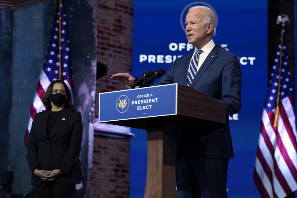 President-elect Joe Biden speaks Tuesday, Nov. 10, 2020, at The Queen theater in Wilmington, Del. (AP Photo/Carolyn Kaster)