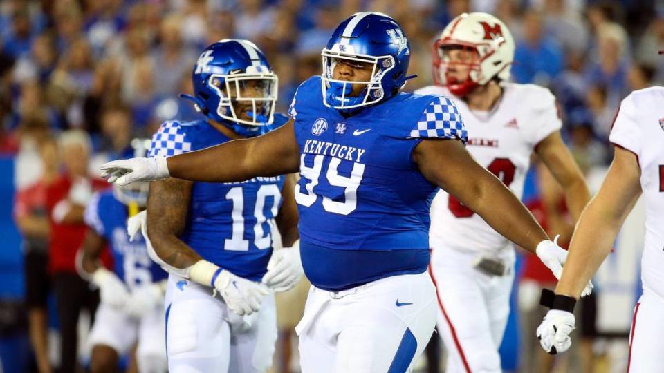 Kentucky nose guard Josaih Hayes (99) had three tackles in UK’s 24-3 win at Mississippi State last week.