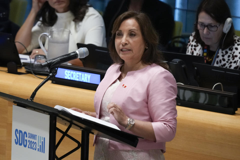 Dina Boluarte, President of Peru, speaks during an event at the SDG Summit at United Nations headquarters, Monday, Sept. 18, 2023. (AP Photo/Seth Wenig)