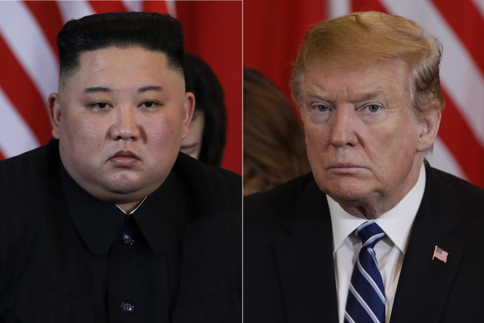 In this combination of images. North Korean leader Kim Jong Un, left, and President Donald Trump during their meeting Thursday, Feb. 28, 2019, in Hanoi. (AP Photo/Evan Vucci)