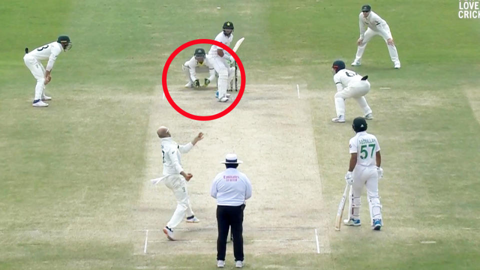 Alex Carey, pictured here setting up down the leg-side as Australia's first Test with Pakistan descended into farce.