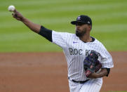 Colorado Rockies starting pitcher German Marquez (48) throws to the plate against the San Francisco Giants during the first inning of a baseball game, Tuesday, Aug. 4, 2020, in Denver. (AP Photo/Jack Dempsey)