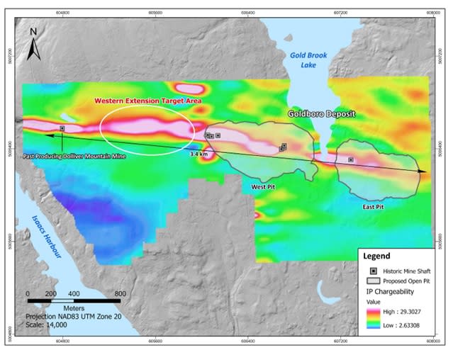 <strong>Exhibit A.</strong> A map showing the location of the West and East proposed pits of the Goldboro Project and the location of the western extension of the Goldboro deposit and the of the current drill program, against the backdrop of the trend an IP geophysical survey.