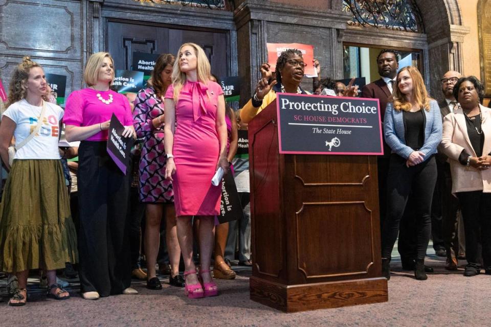 Representative Gilda Cobb-Hunter, D-Orangeburg, speaks to press and activists at the South Carolina State House on Tuesday, May 16, 2023. The South Carolina House of Representatives were called back by Governor Henry McMaster to finish bills left over from this year’s session, including a bill that would ban abortion after six weeks.