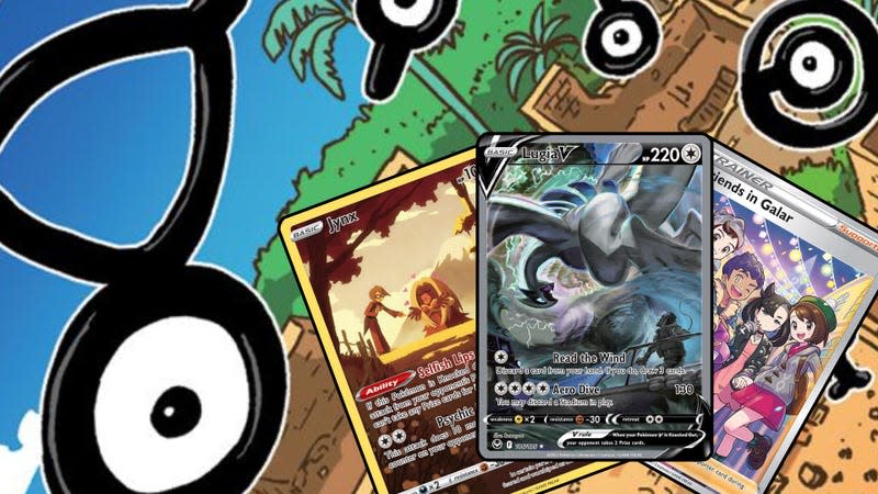 Some Pokémon cards on top of an Unown V art.