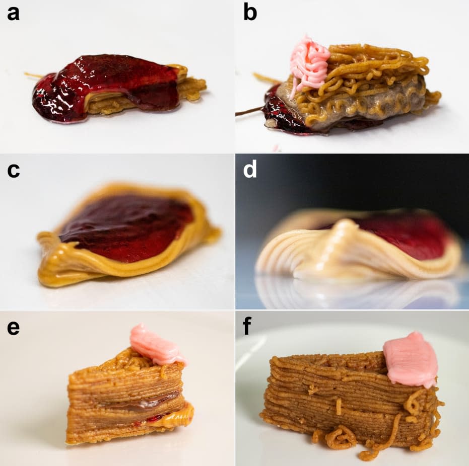 <div class="inline-image__caption"><p>Failed cheesecake prints. a. For initial designs, the jam could not hold its shape on a flat layer and needed to be pooled. b. With no supporting walls, graham cracker paste crushed softer ingredients below it. c, d. Thin walls were prone to crumbling and needed to be tapered. e. Adding graham cracker walls better supported the entire structure. f. Occasionally, the graham cracker paste would form squiggles due to incorrect z-height or drying of the ingredient.</p></div> <div class="inline-image__credit">Jonathan David Blutinger et al., npj Science of Food.</div>