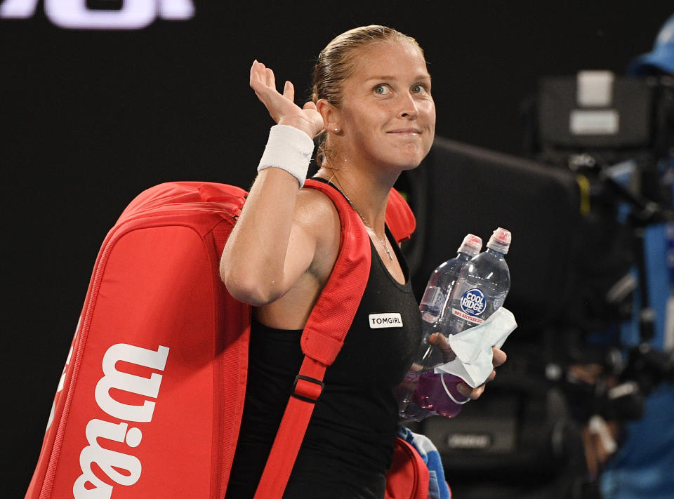 United States' Shelby Rogers waves as she leaves Rod Laver Arena following her fourth round loss to Australia's Ash Barty at the Australian Open tennis championship in Melbourne, Australia, Monday, Feb. 15, 2021.(AP Photo/Andy Brownbill)