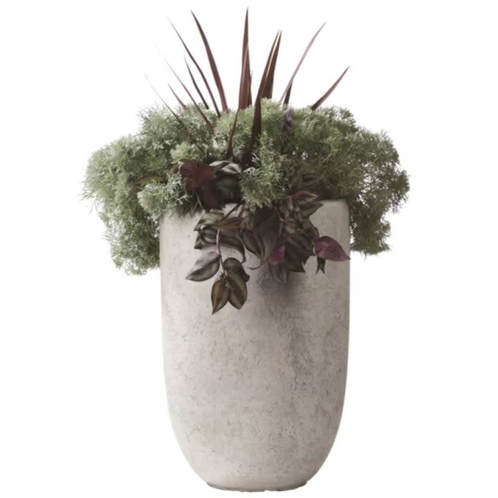 A white planter with plants