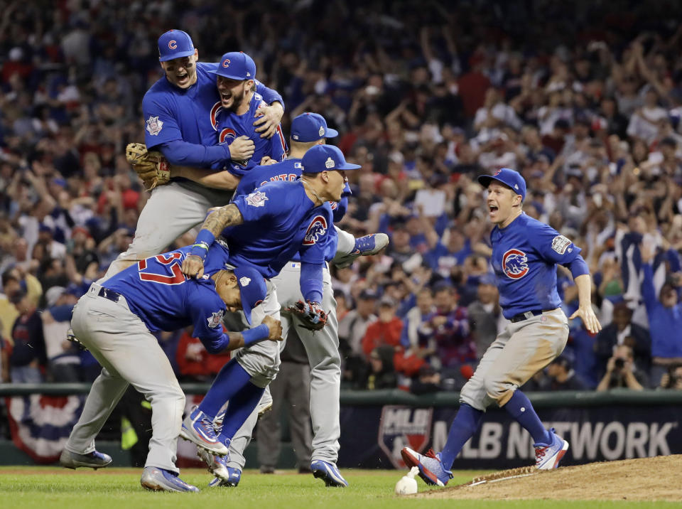 The Chicago Cubs celebrate on Nov. 3, 2016 after defeating the Cleveland Indians in the World Series. (AP)