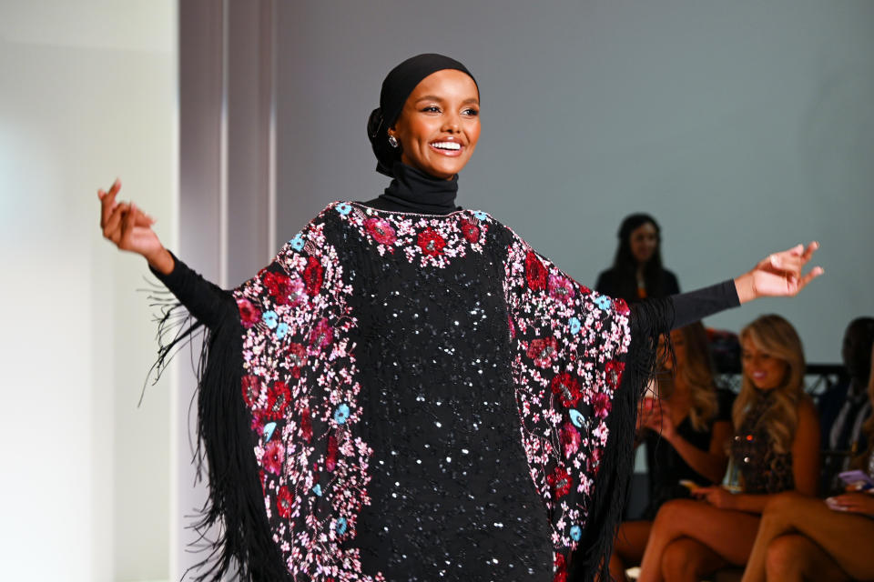 NEW YORK, NEW YORK - SEPTEMBER 06: Model Halima Aden walks the runway during the Sherri Hill NYFW Spring 2020 runway show at Cipriani 42nd Street on September 06, 2019 in New York City. (Photo by Dave Kotinsky/Getty Images for Sherri Hill )