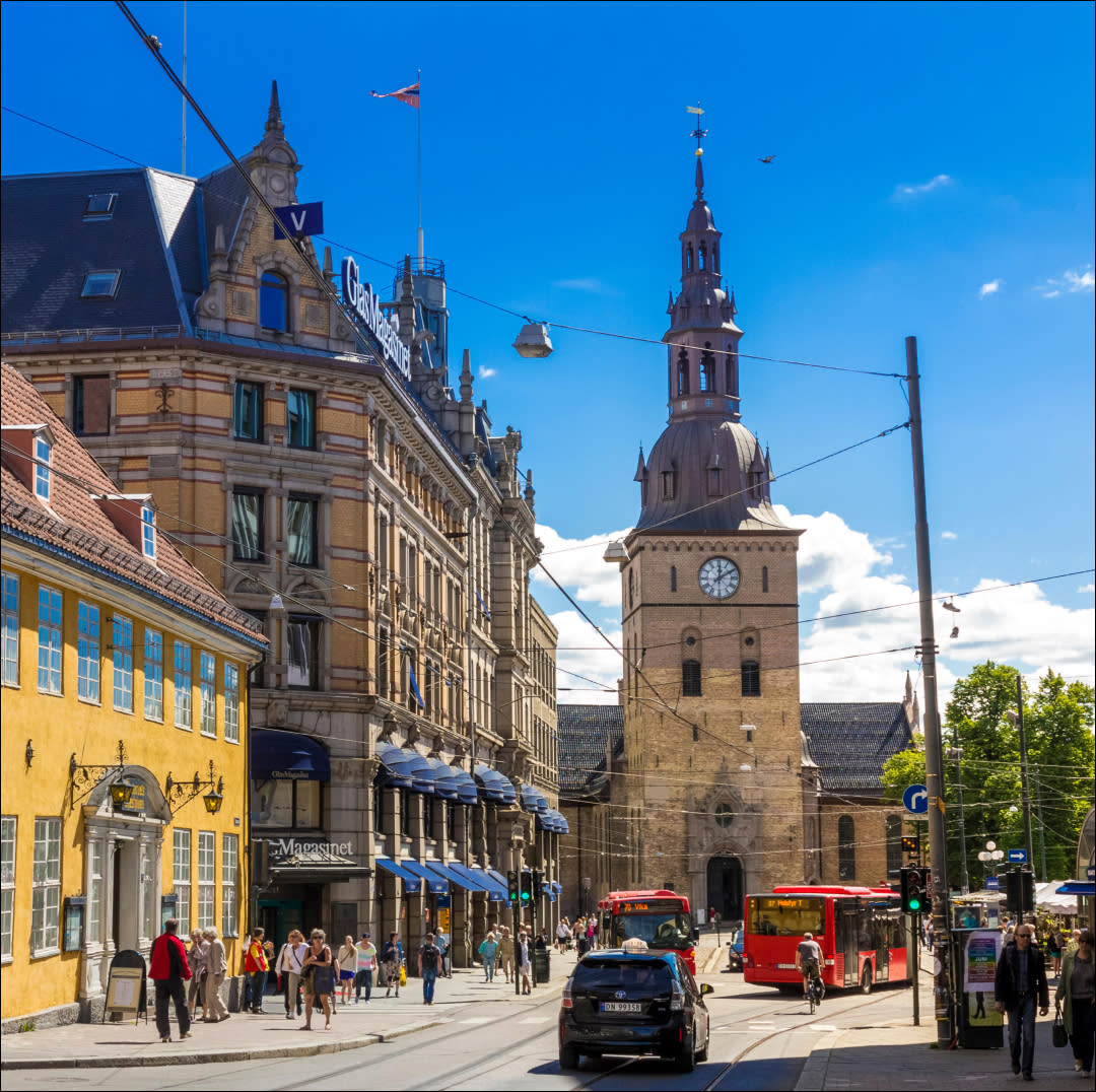  Stortorvet Square in Oslo city, Norway in summer 