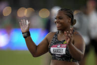 Jessica Ramsey celebrates during the finals for the women's shot put at the U.S. Olympic Track and Field Trials Thursday, June 24, 2021, in Eugene, Ore. (AP Photo/Charlie Riedel)