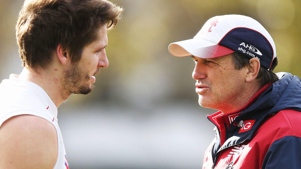 Jesse Hogan speaks with former coach Paul Roos, who has since retired. (Photo by Michael Dodge/Getty Images)