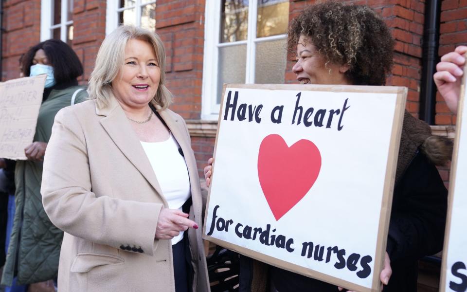 Royal College of Nursing (RCN) general secretary Pat Cullen, speaks to workers on the picket line outside the National Hospital for Neurology and Neurosurgery in London - Kirsty O'Connor/PA