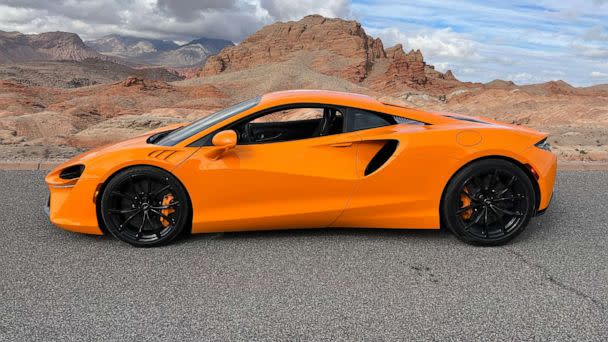 PHOTO: A twin-turbocharged 3.0-liter V6 engine is mated to an electric motor in the McLaren Artura.  (Morgan Korn/ABC News)